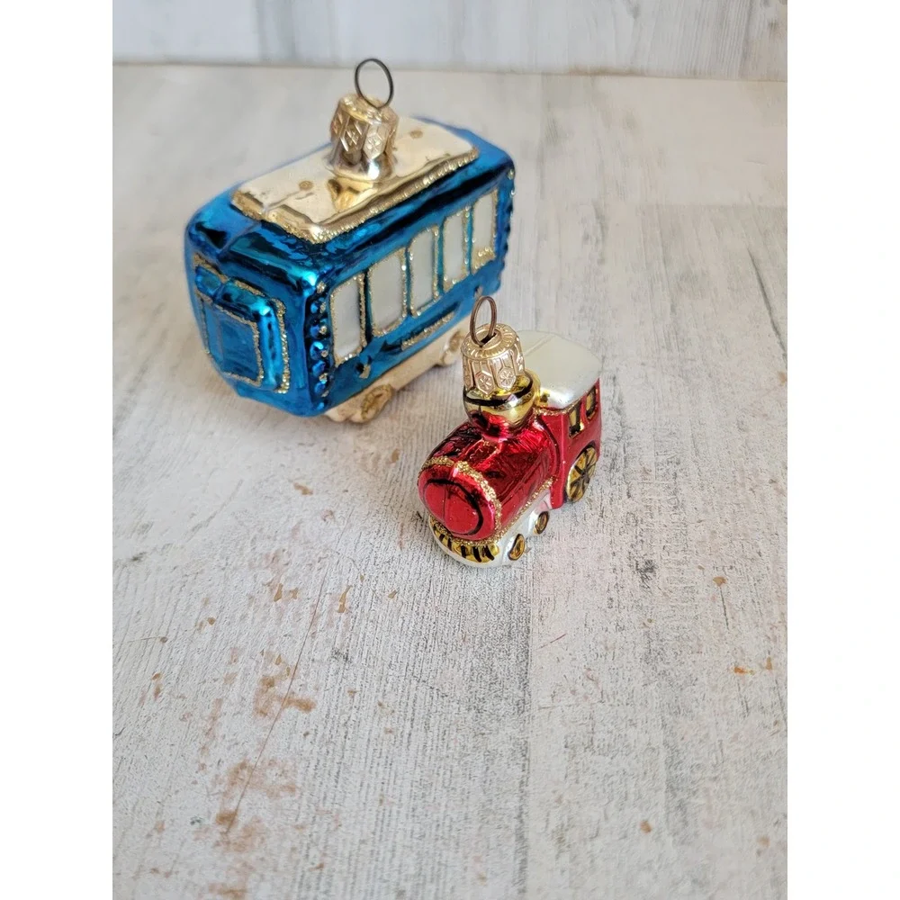 Poland train caboose front cart set vintage glass ornament Xmas glitter